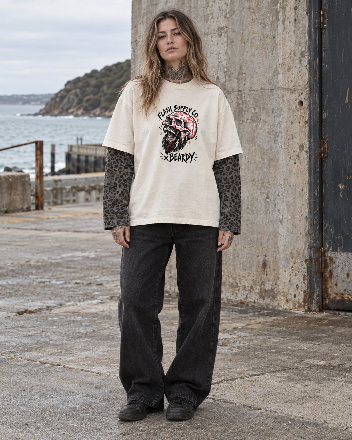 Double Fang Leopard-Sleeve Layered T-Shirt — Beardy x Flash Supply Co.