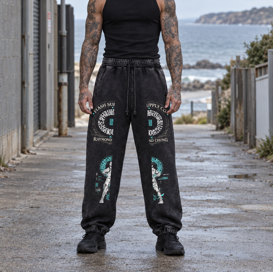 Cyber Division: Warrior Within Snow-Wash Sweatpants — Raymond Chung x Flash Supply Co.