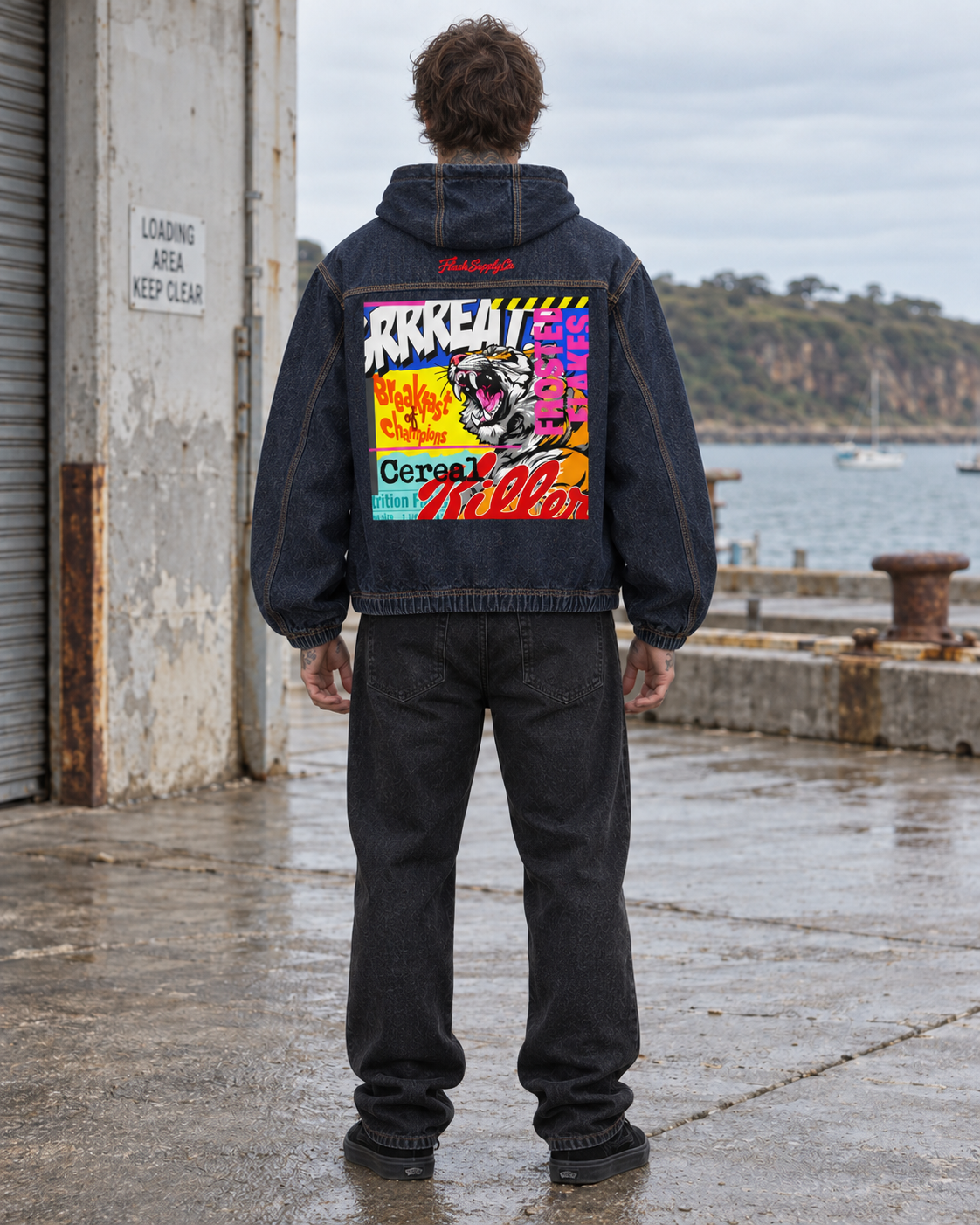 Cereal Killer Vintage-Wash Hooded Denim Jacket — Thalo Halo x Flash Supply Co.