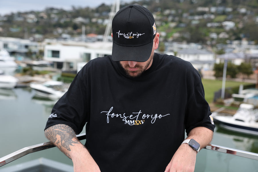 No Shortcutz “Fons et Origo” A-Frame Cap — Black
