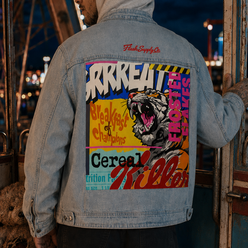 Cereal Killer Vintage-Wash Zip Denim Jacket — Thalo Halo x Flash Supply Co.
