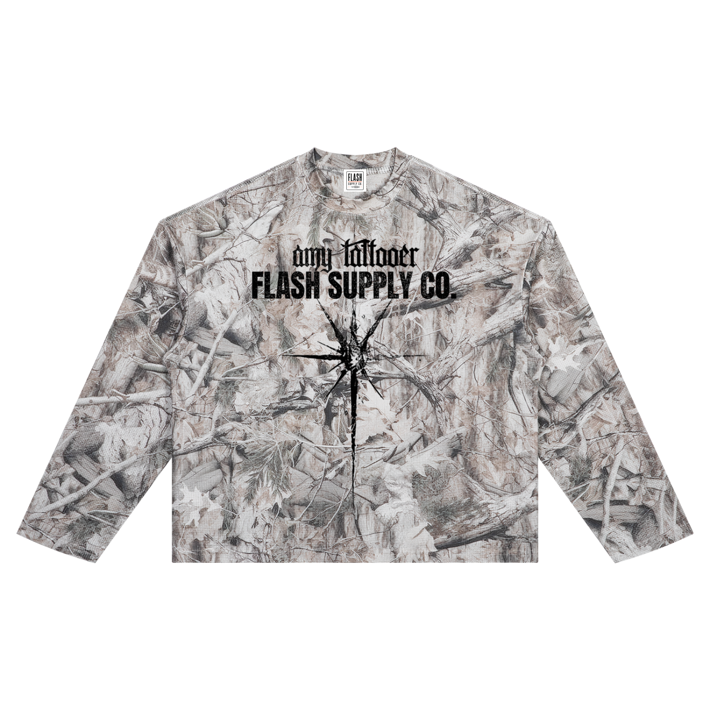 Crowned in Chaos Tree-Camo Waffle Long-Sleeve — Amy.tattooer x Flash Supply Co.