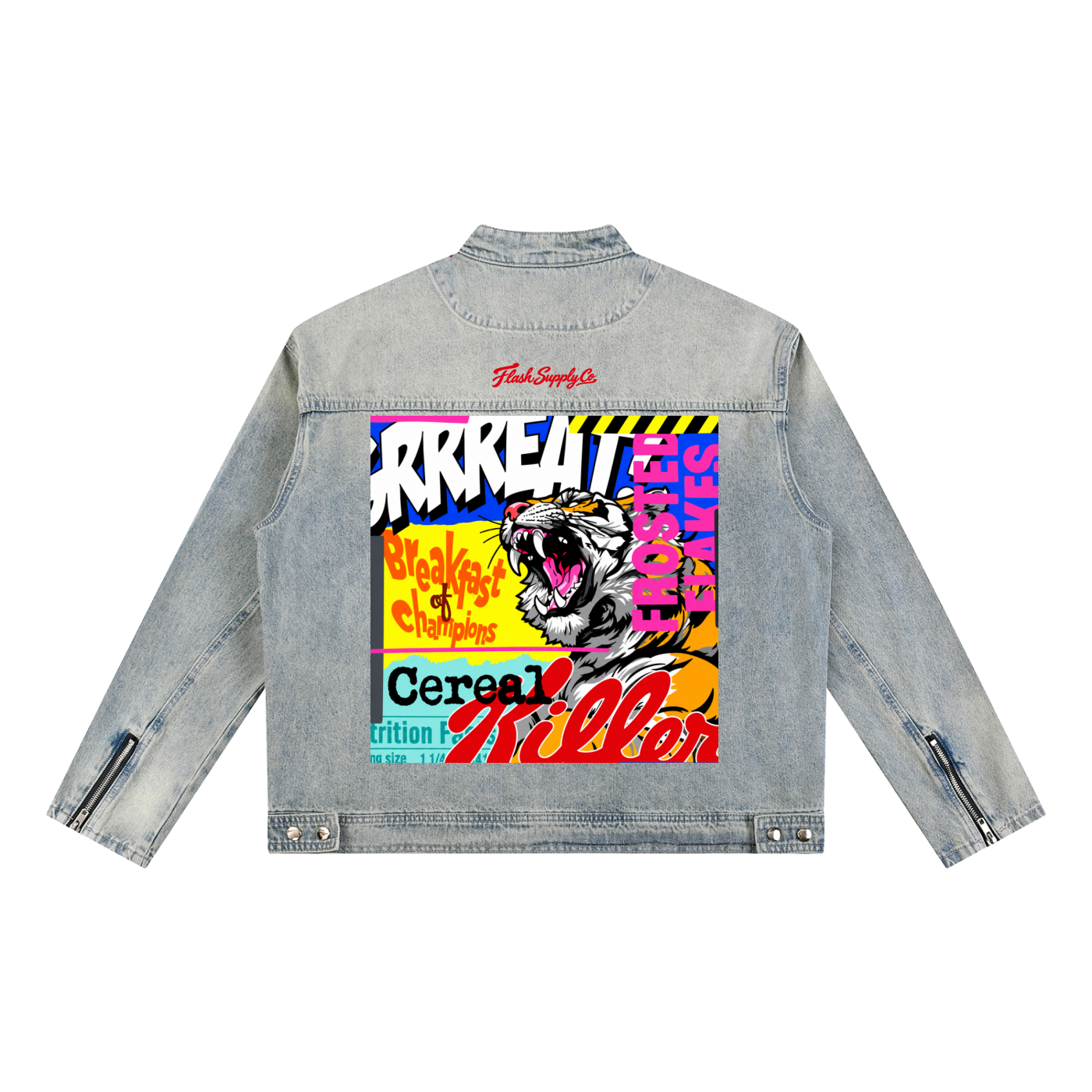 Cereal Killer Vintage-Wash Zip Denim Jacket — Thalo Halo x Flash Supply Co.