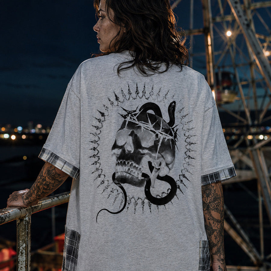 Crowned in Chaos Plaid-Panel Oversized Tee — Amy.tattooer x Flash Supply Co.
