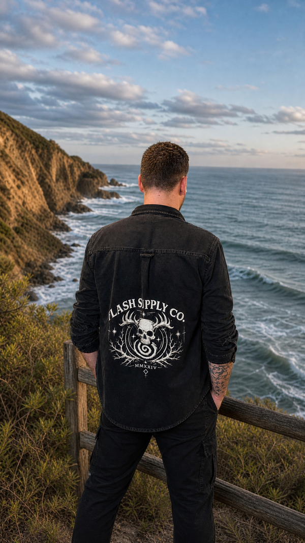 Flash Supply Co. — Skull & Antler Denim Overshirt | Art by Desmond Fletcher