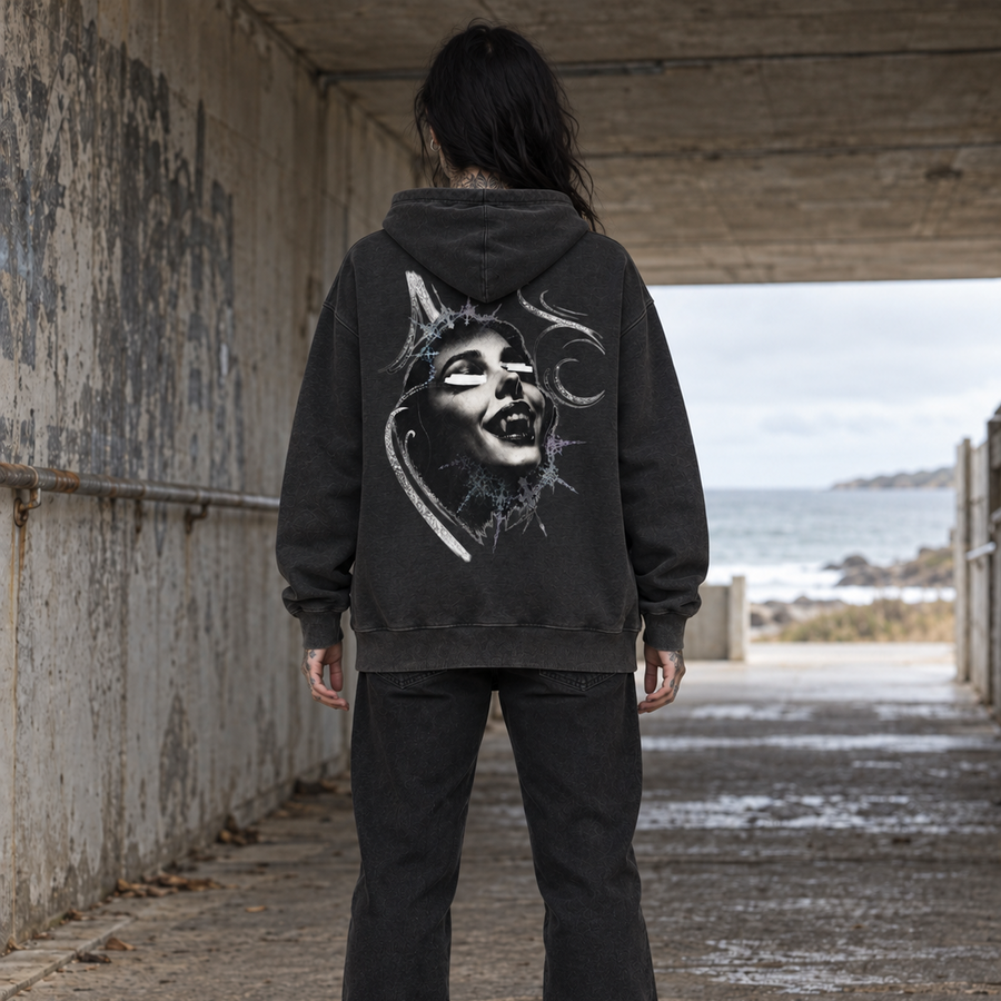 Blind Ecstasy Mineral-Wash Oversized Hoodie — Amy.tattooer x Flash Supply Co.