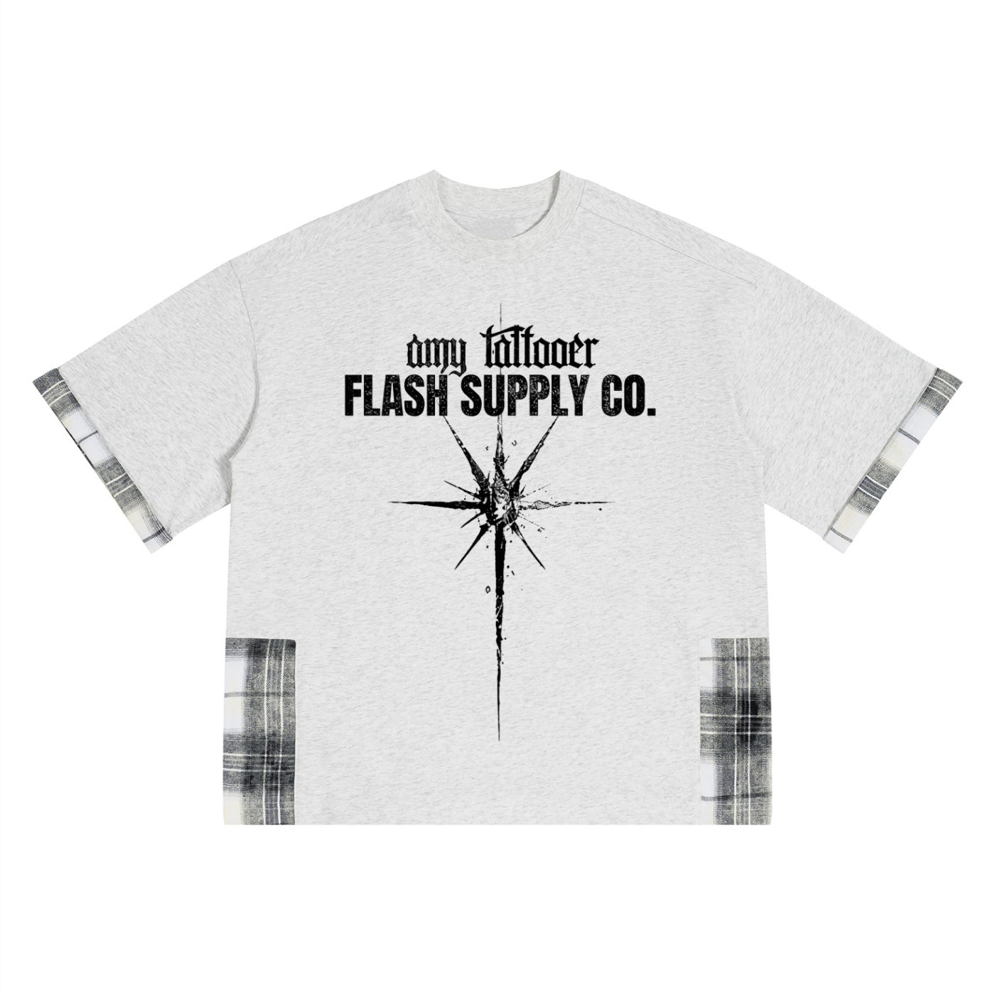 Crowned in Chaos Plaid-Panel Oversized Tee — Amy.tattooer x Flash Supply Co.