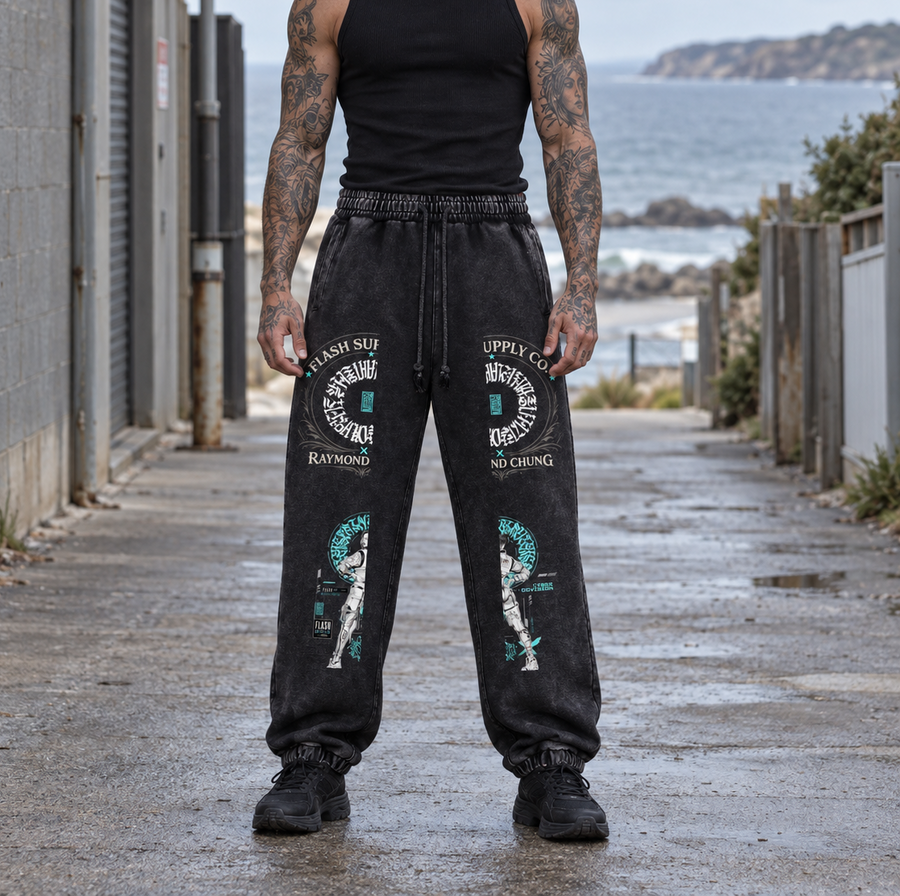 Cyber Division: Warrior Within Snow-Wash Sweatpants — Raymond Chung x Flash Supply Co.