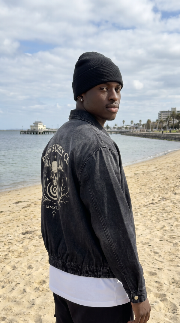 Flash Supply Co. — Skull & Antler Denim Bomber | Art by Desmond Fletcher