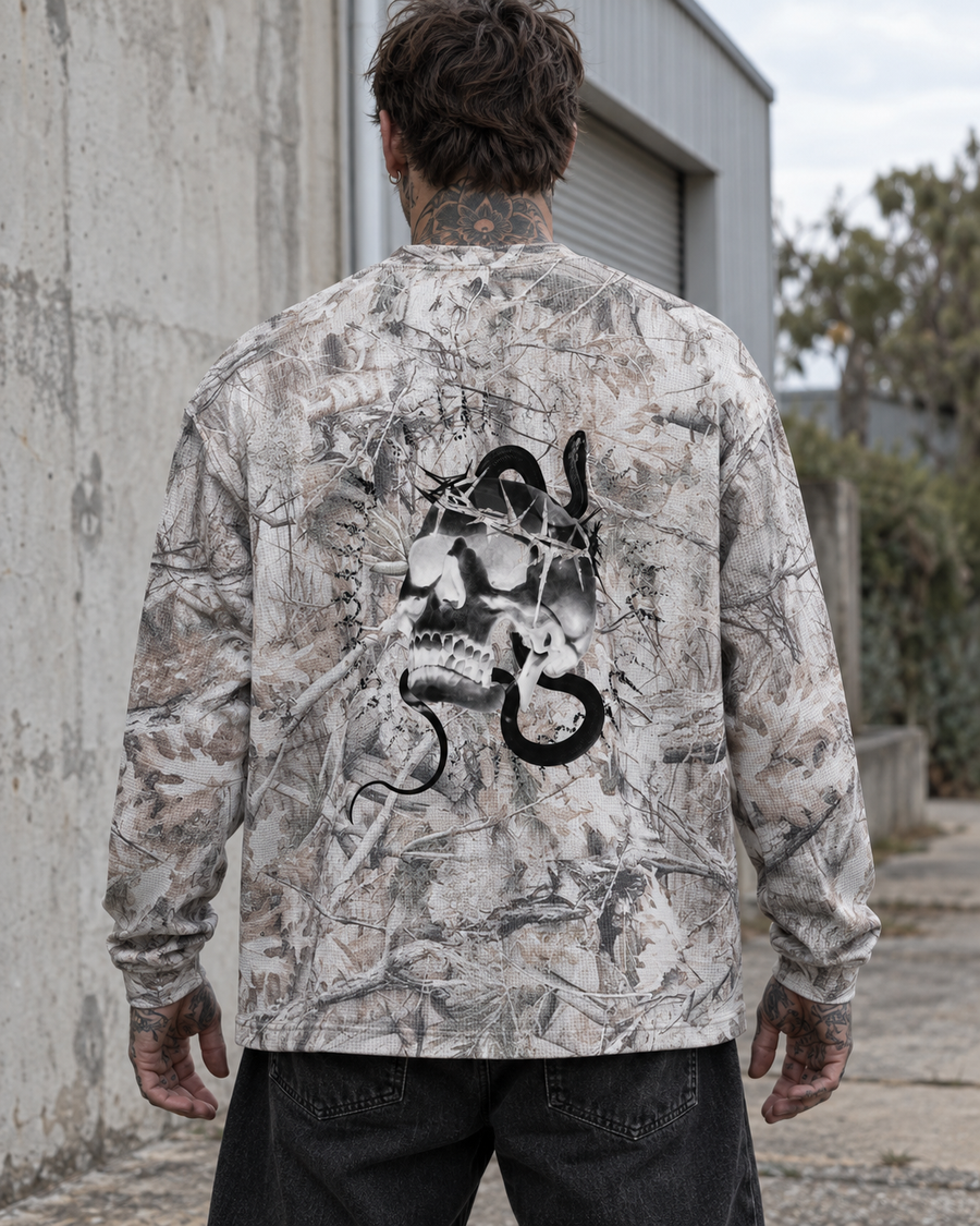 Crowned in Chaos Tree-Camo Waffle Long-Sleeve — Amy.tattooer x Flash Supply Co.
