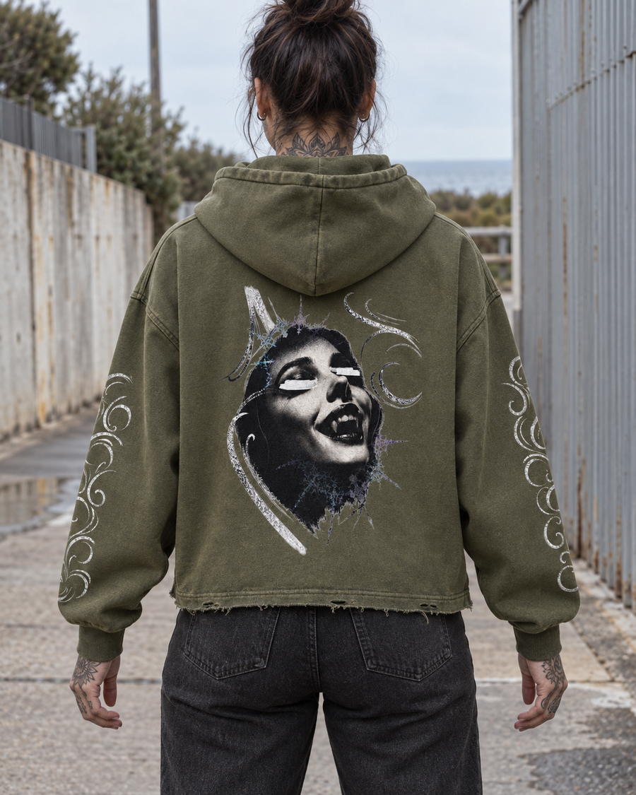 Blind Ecstasy Vintage-Wash Frayed-Hem Hoodie — Amy.tattooer x Flash Supply Co.