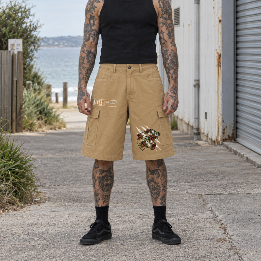 Double Fang Woven Cargo Shorts — Beardy x Flash Supply Co.