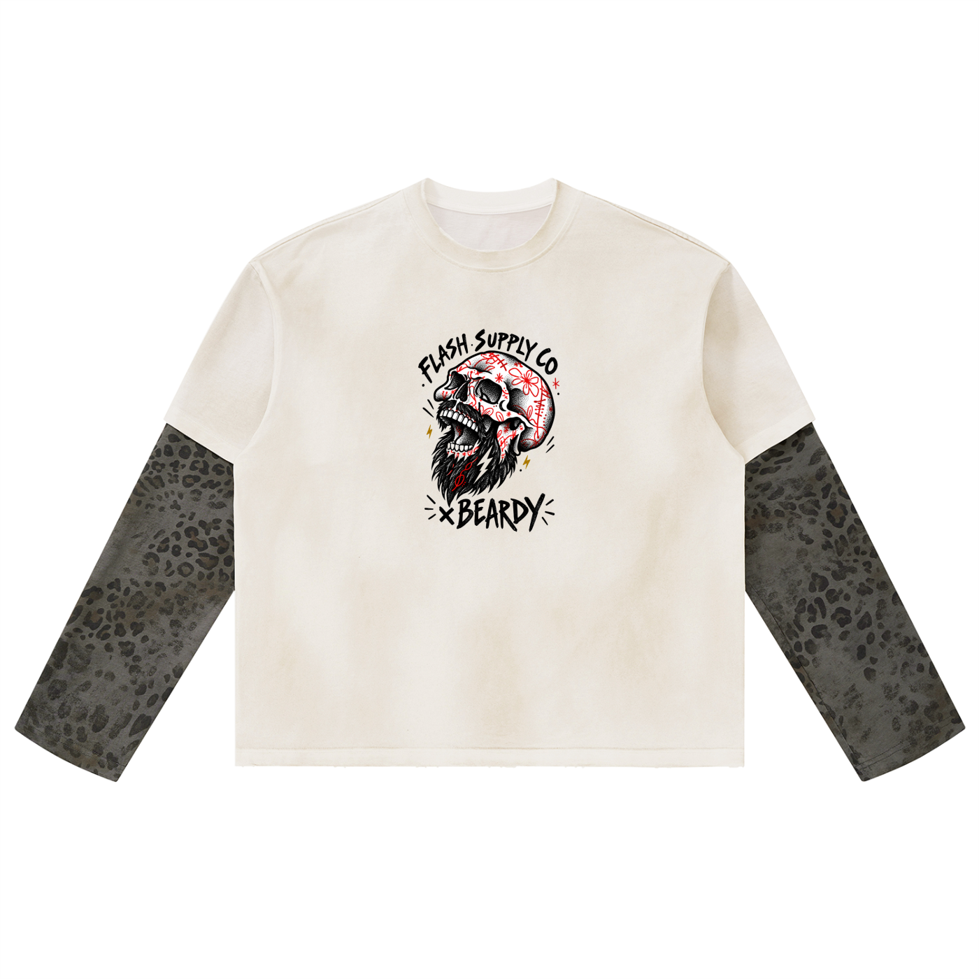 Double Fang Leopard-Sleeve Layered T-Shirt — Beardy x Flash Supply Co.